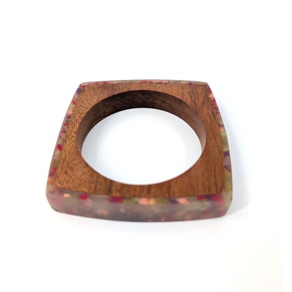 Vintage Bangle Bracelet Wood Lucite Brown Square Chunky Boho Chic Eclectic Artsy - Picture 6 of 11